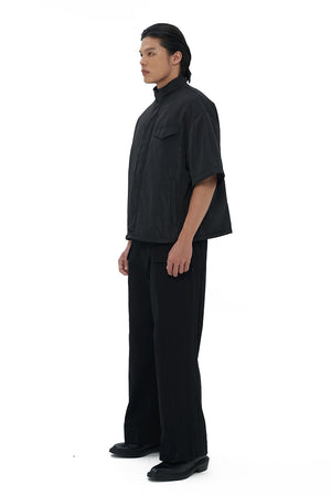 BLACK NYLON SHORT SLEEVES OVERSHIRT WITH ZIPPER