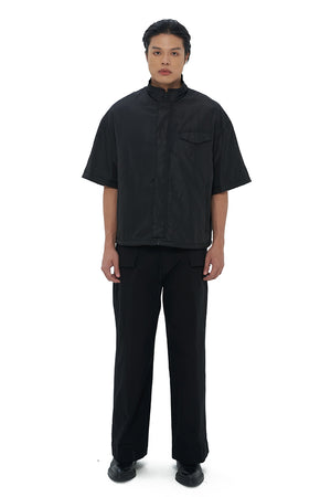 BLACK NYLON SHORT SLEEVES OVERSHIRT WITH ZIPPER