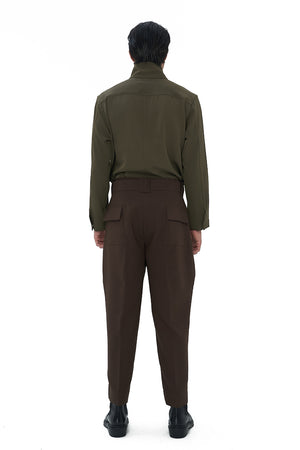 DARK BROWN LOOSE PANTS WITH SNAP BUTTON PLEATED WAISTBAND