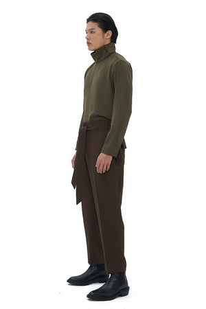 DARK BROWN LOOSE PANTS WITH SNAP BUTTON PLEATED WAISTBAND