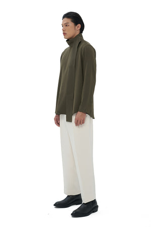 OLIVE LOOSE SHIRT WITH 2 DETACHABLE HIGH COLLARS