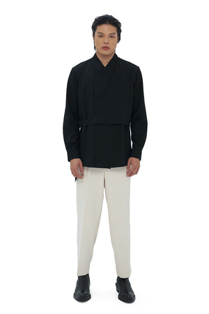 BLACK COLLARLESS SHIRT WITH LAYERED VEST