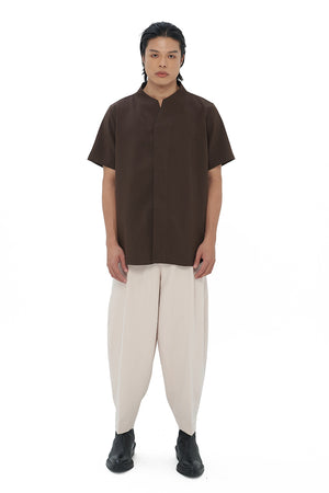 DARK BROWN COLLARLESS SHORT SLEEVES SHIRT PART 1