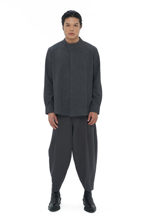 DARK GREY OVERLAP COLLARLESS LONG SLEEVES SHIRT