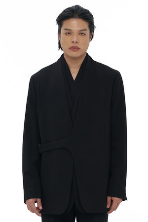 BLACK COLLARLESS OUTER WITH BELT