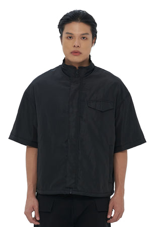 BLACK NYLON SHORT SLEEVES OVERSHIRT WITH ZIPPER