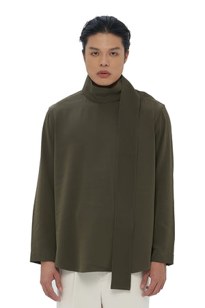 OLIVE LOOSE SHIRT WITH 2 DETACHABLE HIGH COLLARS