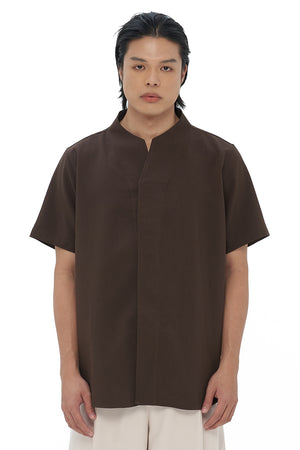 DARK BROWN COLLARLESS SHORT SLEEVES SHIRT PART 1