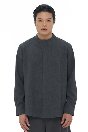 DARK GREY OVERLAP COLLARLESS LONG SLEEVES SHIRT