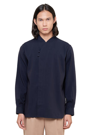 Navy Mandarin Collar Long Sleeves Shirt