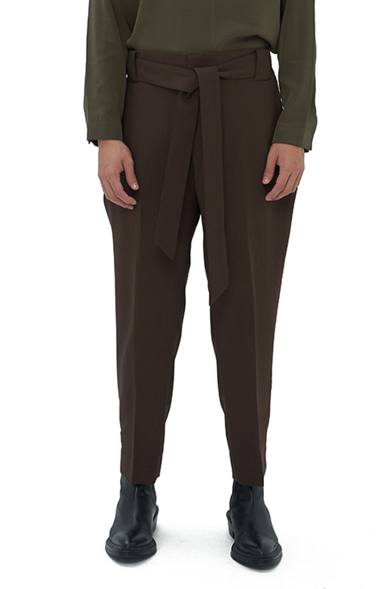 DARK BROWN LOOSE PANTS WITH SNAP BUTTON PLEATED WAISTBAND